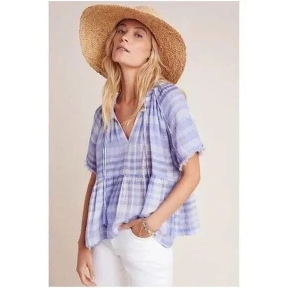 Anthropologie Tops - ✨Anthropologie Pilcro Casual Blouse Bette Plaid Babydoll Sz L Blouse Lavender ✨